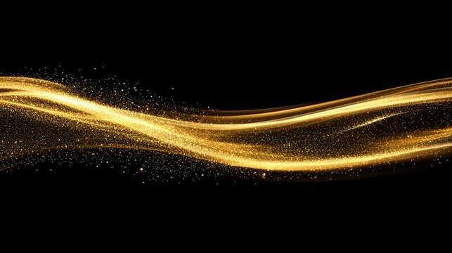 Abstract gold wave design with glittering particles on a black background.