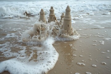 Waves eroding a sandcastle highlight the theme of instability.