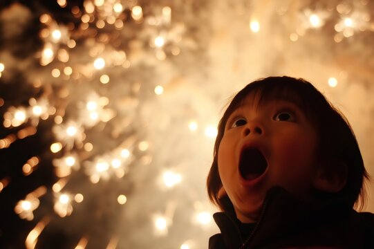 Toddler with wide open eyes and mouth agape, marveling at the dazzling fireworks exploding in the night sky, filled with wonder and joy