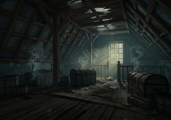 Horor Scene of Dusty Attic with Debris