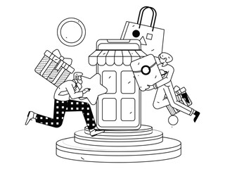 Holiday shopping people doing e-commerce online shopping flat vector concept operation hand drawn illustration
