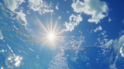 Underwater Scene with Above and Below Water Split View, Sunlight, Air Bubbles, and Sunburst in 4K
