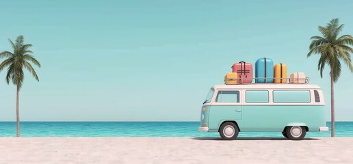 Fototapeta premium Vintage Van with Luggage on Beach Near Palm Trees and Ocean View