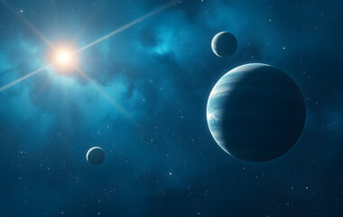 Naklejka premium Space image of four planets gracefully dancing in a deep blue expanse, suitable for astronomy, science fiction, educational, and futuristic design projects.