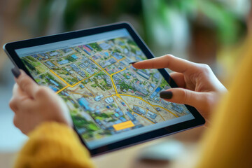 Close up of female hands holding tablet displaying digital city roadmap, exploring new destinations and planning future trips