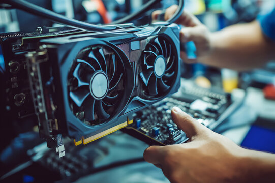 Close up of a technician installing a powerful graphics processing unit on a computer motherboard