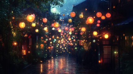 Luminous lanterns illuminate a charming village street during a soft rainfall