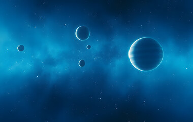 Naklejka premium Space image of four planets gracefully dancing in a deep blue expanse, suitable for astronomy, science fiction, educational, and futuristic design projects.