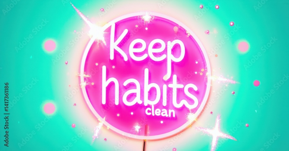Poster bright pink neon sign displays keep habits clean. turquoise background features sparkling light effe