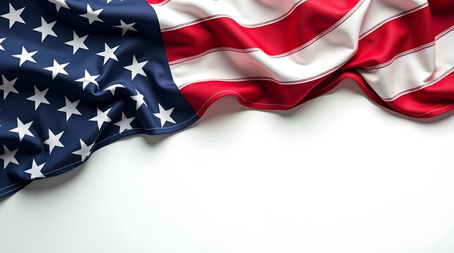 Top view of the beautiful USA flag elegantly draped across a clean white background.