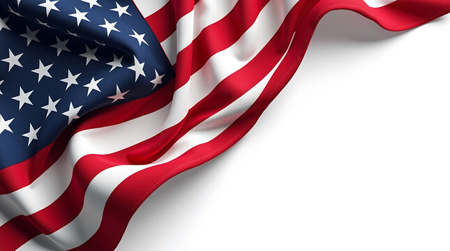 Top view of the beautiful USA flag elegantly draped across a clean white background.