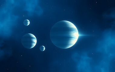 Fototapeta premium Space image of four planets gracefully dancing in a deep blue expanse, suitable for astronomy, science fiction, educational, and futuristic design projects.