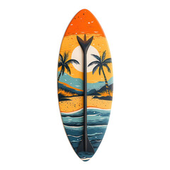 Colorful paddleboard resting on a tranquil beach at sunset in a tropical paradise, inviting adventure and relaxation on transparent background