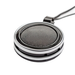 Small, round, silver-accented headphones with a visible speaker grill, suitable for portable use.
