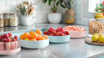 Colorful fruit bowls on kitchen counter fresh fruits display healthy eating inspiration