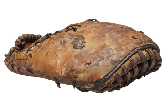 Worn Leather Baseball Catcher's Mitt: Aged Texture, Stitched Detail, Vintage Sport.