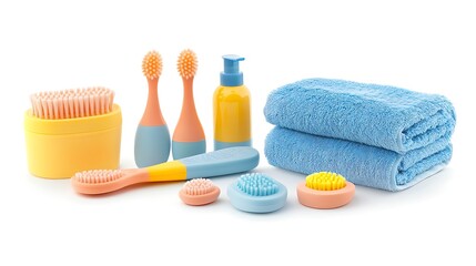 Baby Care Products Blue Towels, Yellow Lotion, Brushes on a White Background