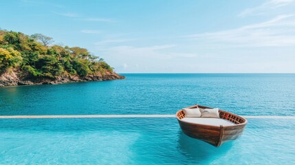 Fototapeta premium Serene Coastal View with Wooden Boat on Tranquil Blue Waters