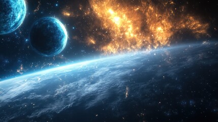 Obraz premium Cosmic celestial bodies orbit in an expansive galactic panorama of wonder