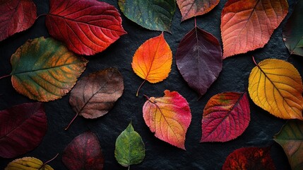 Vibrant Autumn Leaves in Green to Red Gradient with Botanical Arrangement on Dark Textured Background