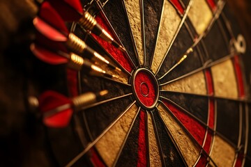Dartboard with Red Darts Targeting Bullseye, Focus and Accuracy Game Aiming Concept