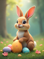 Fototapeta premium An adorable Easter bunny sits surrounded by colorful eggs and blossoms in a sunlit garden.