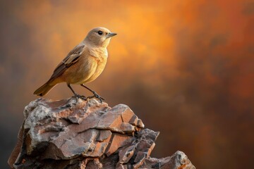 Golden-hued bird perched atop a rock, bathed in sunset light.