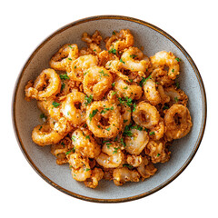 Crispy fried calamari served in a rustic bowl, garnished with fresh herbs, inviting diners to enjoy a delightful seafood experience on transparent background