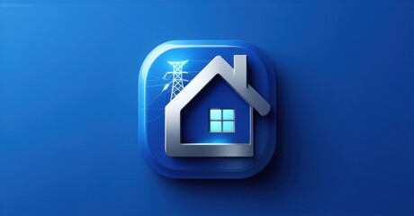 Deep blue and silver ai powered energy efficiency app icon with smart home and power grid flat three dimensional glossy style round square shape modern app icon featuring clean