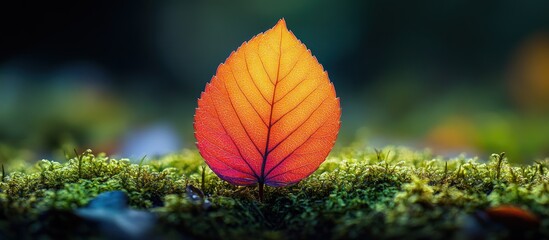 Naklejka premium Autumn leaf on moss, vibrant colors, nature backdrop