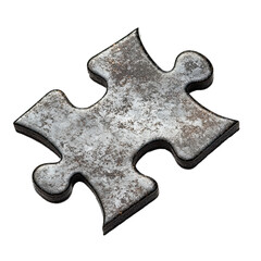 A weathered, metallic puzzle piece, isolated against a gradated background, in a stylized graphic illustration.