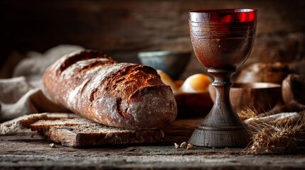 Still life featuring a loaf of bread and a chalice on a wooden surface with rustic background light