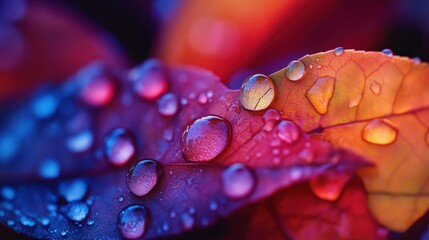 Vibrant Autumn Maple Leaves with Water Droplets, Rich Colors, and High Detail in Macro Photography