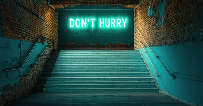 Naklejki Bold glowing message don t hurry in teal and white flickering gently above narrow stairwell in empty brick building with flaking paint and echo