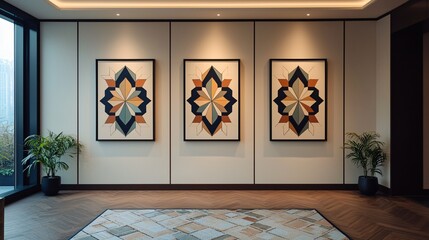 Simple, geometric artwork displayed on the wall, complementing the linear design elements.