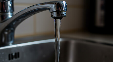 Chrome Faucet Flowing Water into Stainless Steel Sink, Close-Up Detail.