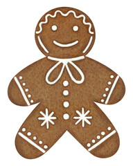 Gingerbread man cookies with white glazed ornaments hand drawn illustration isolated on transparent background