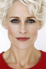Naklejka premium Elegant Portrait of Mature Woman with Short Blonde Hair and Blue Eyes