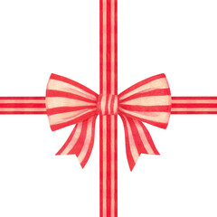 Red striped gift ribbon and bow cross shape hand drawn illustration isolated on transparent background for presents greeting cards coupons circus aesthetic