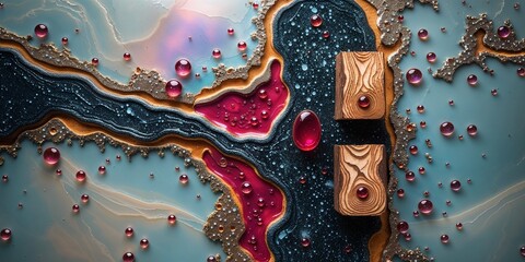 Abstract Art with Rivers of Color, Red Spheres, and Wooden Blocks for a Dynamic Scene