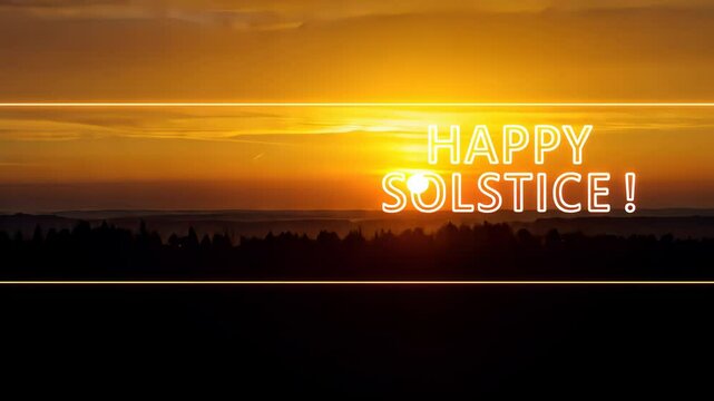 Happy solstice yellow neon glowing text against dramatic sunset sky with sun over horizon in motion video footage clip ideal for summer and winter celebrations and seasonal events.