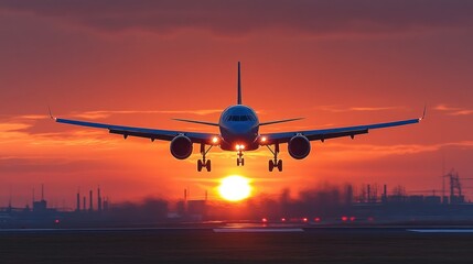 Airplane landing at sunset