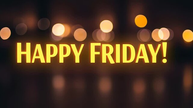 happy FRIDAY! text message on dark background with blurred yellow and orange bokeh lights. wish everyone a nice weekend. holiday greeting clip.