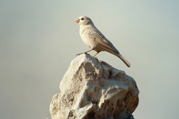 Fototapeta premium Pale-colored bird perches atop a light-colored rock.