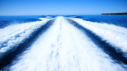 The foamy wake behind a fast moving boat on open ocean water