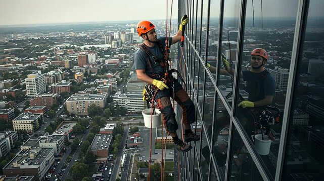 Caucasian man window washer descends skyscraper to clean windows. industrial climber washes windows outside tall building motion stock video clip with city view.