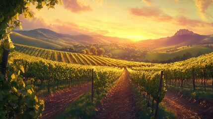 Fototapeta premium Serene vineyard landscape with golden sunset illuminating rolling hills