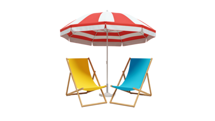  Beach Chairs with red and white Umbrella Isolated on Transparent Background
