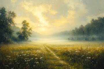 Obraz premium Sunrise path through meadow