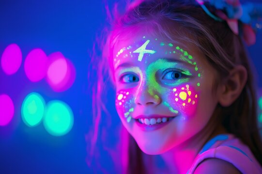 Portrait of a smiling girl with fluorescent neon make up enjoying a glow in the dark party